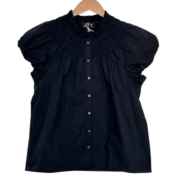 NEW J Crew Smocked Neck Button Up Short SleeveTop Puff Sleeves Black Size Large - Picture 2 of 7